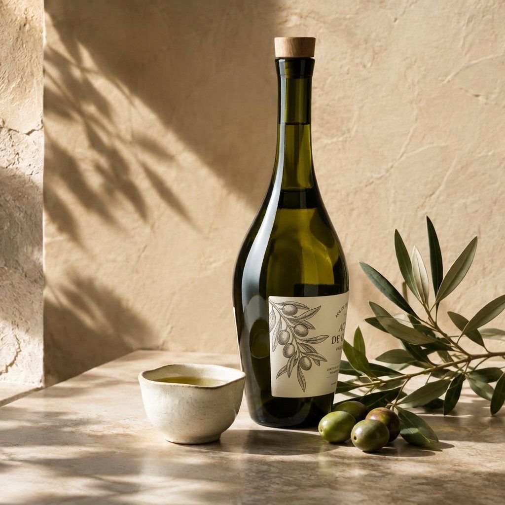 Botella de aceite de oliva con etiqueta ilustrada junto a olivas y un cuenco