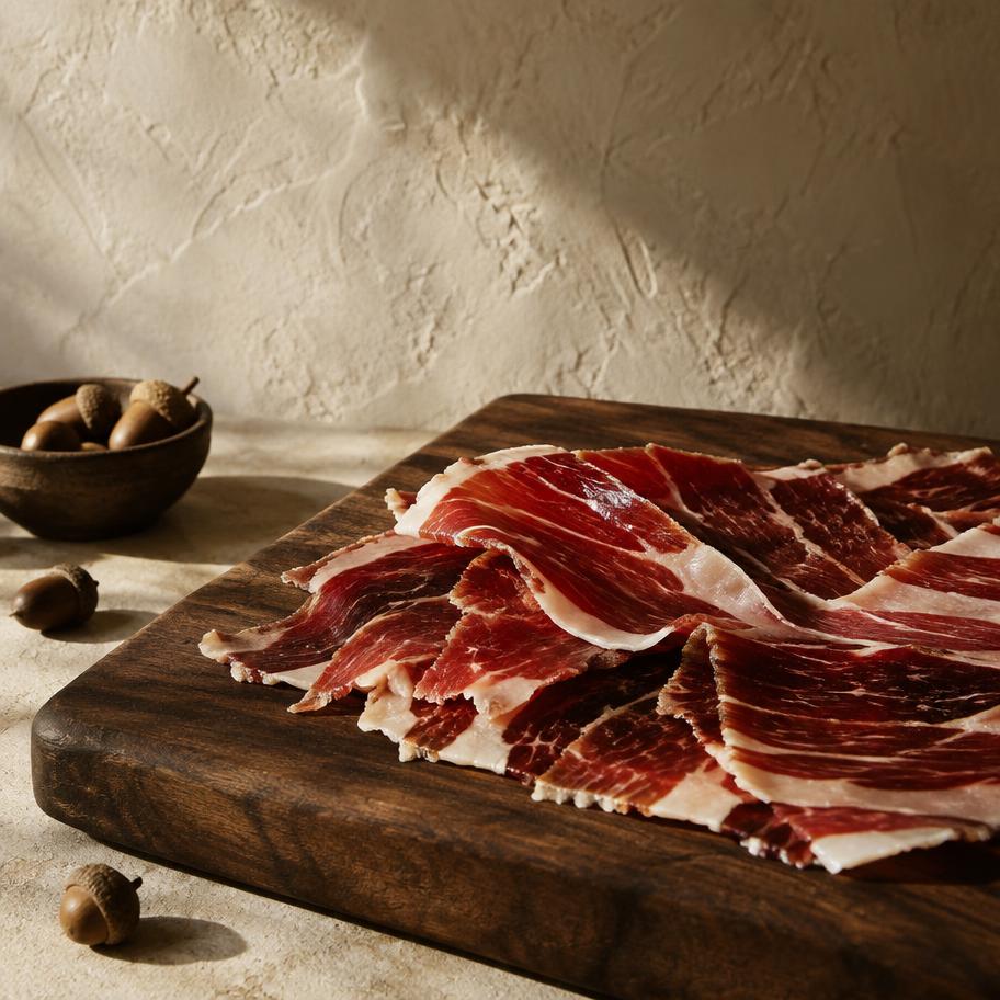 Lonchas de jamón ibérico cortadas a mano y servidas en plato