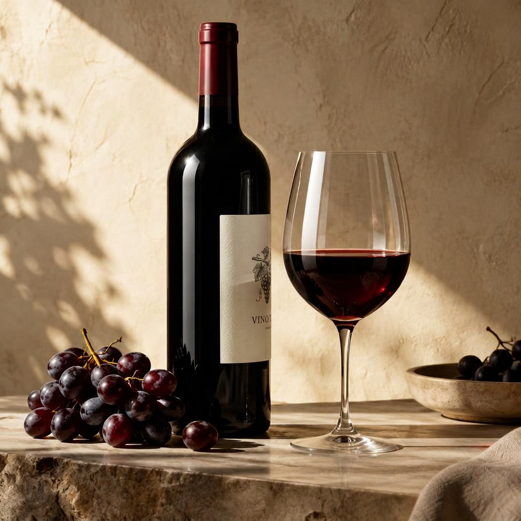 Botella de vino tinto con etiqueta ilustrada junto a una copa y uvas